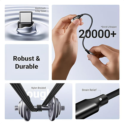USB-C to 3.5mm audio adapter robust and durable design with aluminum alloy case, nylon braided cable rated for 20000 plus bends, and strain relief