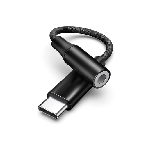 USB-C to 3.5mm audio adapter black nylon braided cable with aluminum alloy connector on white background