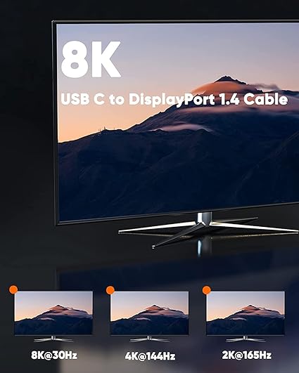 USB C to DisplayPort 1.4 cable supporting 8K at 30Hz 4K at 144Hz and 2K at 165Hz high resolution display output