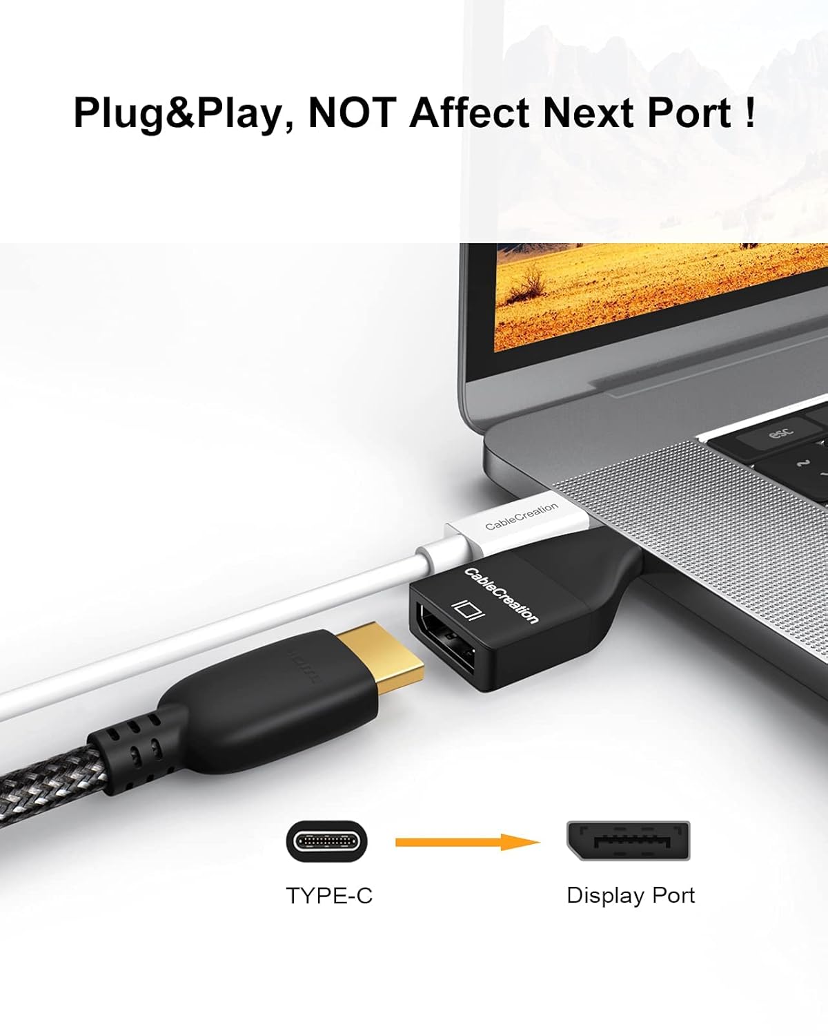 USB-C to DisplayPort Plug and Play Adapter connected to MacBook laptop without blocking adjacent USB-C port showing Type-C to DisplayPort conversion