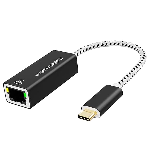 USB C to RJ45 Gigabit Ethernet network adapter with gold plated USB C connector and braided cable black aluminum