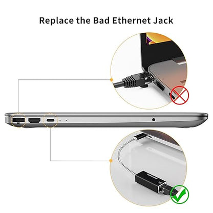 USB C to RJ45 Ethernet adapter replacing broken damaged laptop ethernet jack port with working wired network connection