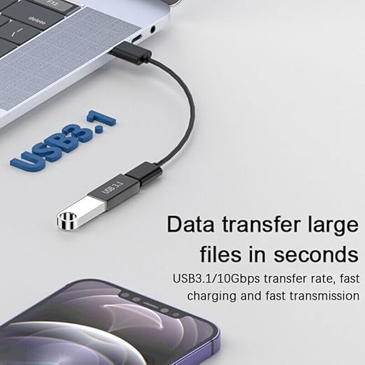 A black and silver USB 3.1 flash drive connected to a laptop, with a smartphone shown in the foreground and marketing text on a light gray background.
