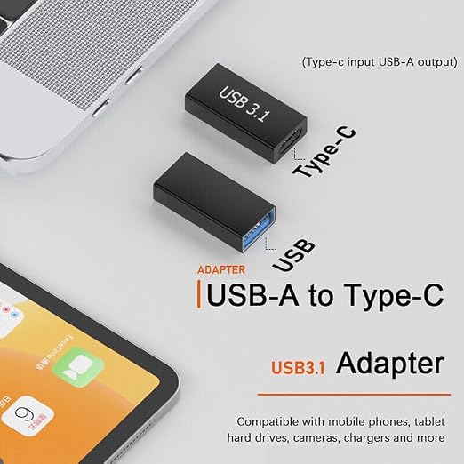 Two black USB-A to Type-C adapters shown on a light gray background with partial laptop and phone imagery, plus text labels for USB 3.1 and Type-C.