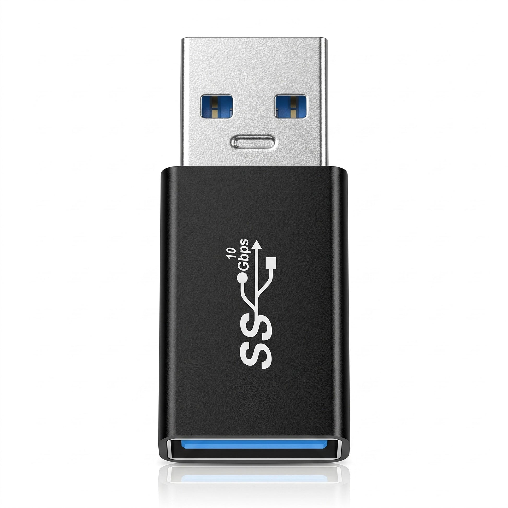 A compact USB flash drive with a black body, silver USB connector, and blue USB 3.0 port accents, featuring a white 'SS' logo and '10 Gbps' text on the front.