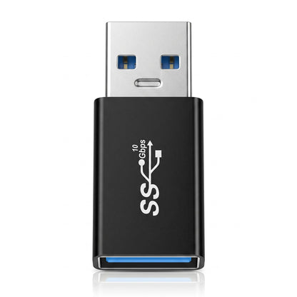 A compact USB flash drive with a black body, silver USB connector, and blue USB 3.0 port accents, featuring a white 'SS' logo and '10 Gbps' text on the front.