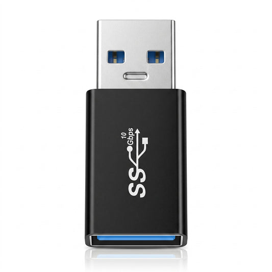 A compact USB flash drive with a black body, silver USB connector, and blue USB 3.0 port accents, featuring a white 'SS' logo and '10 Gbps' text on the front.