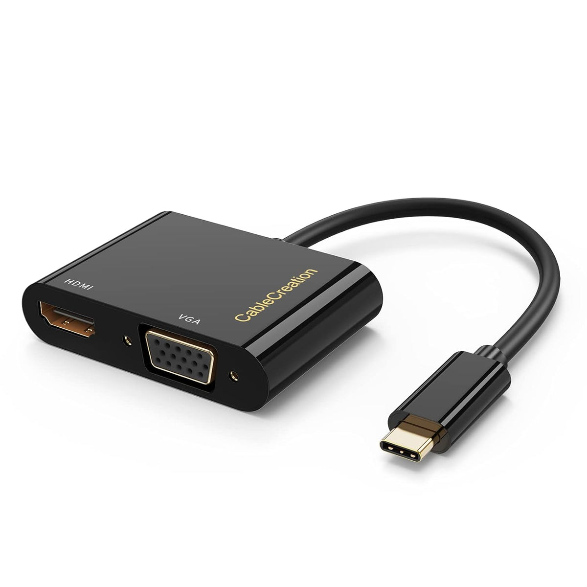 USB-C to HDMI VGA adapter with gold-plated USB-C male connector HDMI and VGA female ports on white background