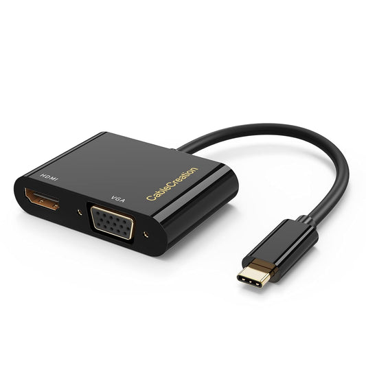 USB-C to HDMI VGA adapter with gold-plated USB-C male connector HDMI and VGA female ports on white background