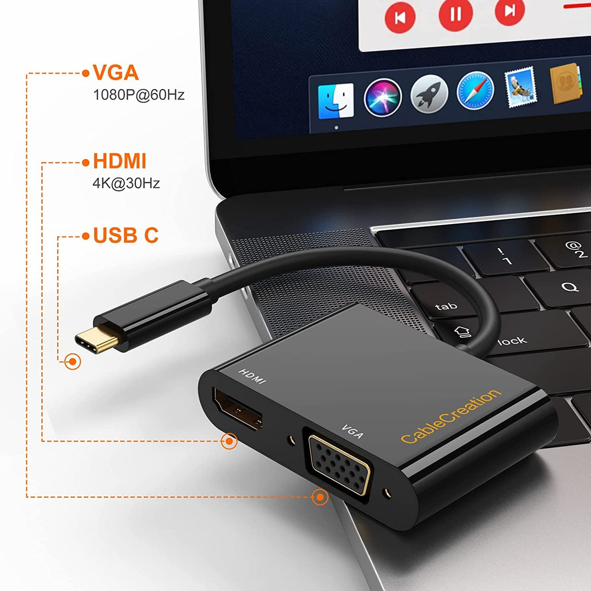 USB-C to HDMI VGA adapter specs showing HDMI 4K at 30Hz and VGA 1080P at 60Hz output connected to MacBook