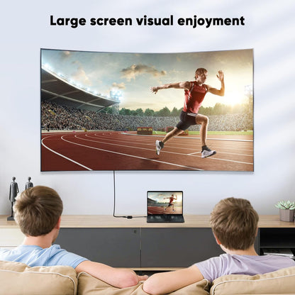 USB-C to HDMI adapter enabling large screen visual experience by streaming laptop content to curved TV for home entertainment