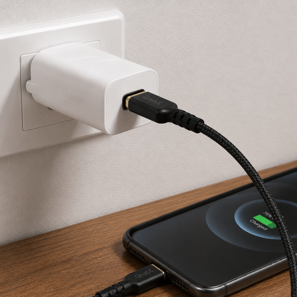 Short black USB Type-C to Type-A cable charging a smartphone plugged into a white wall adapter