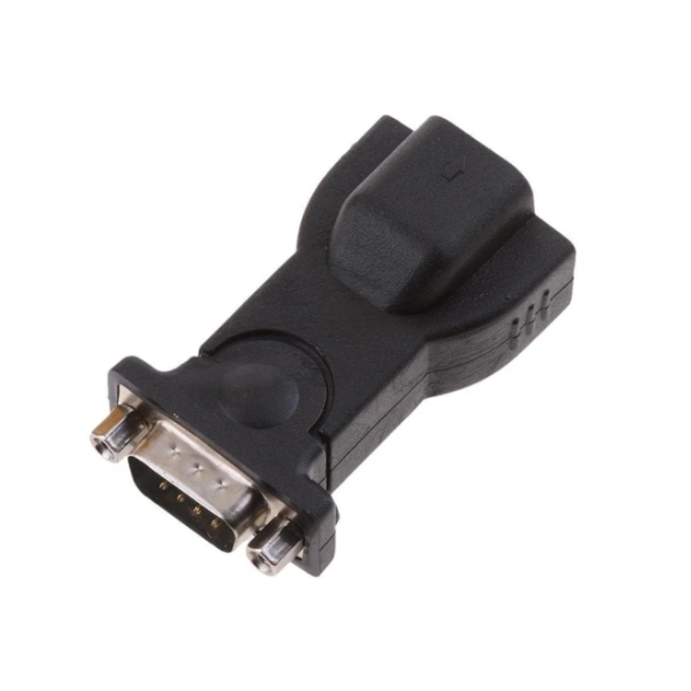 USB to serial DB9 male adapter with USB Type-B port angled view