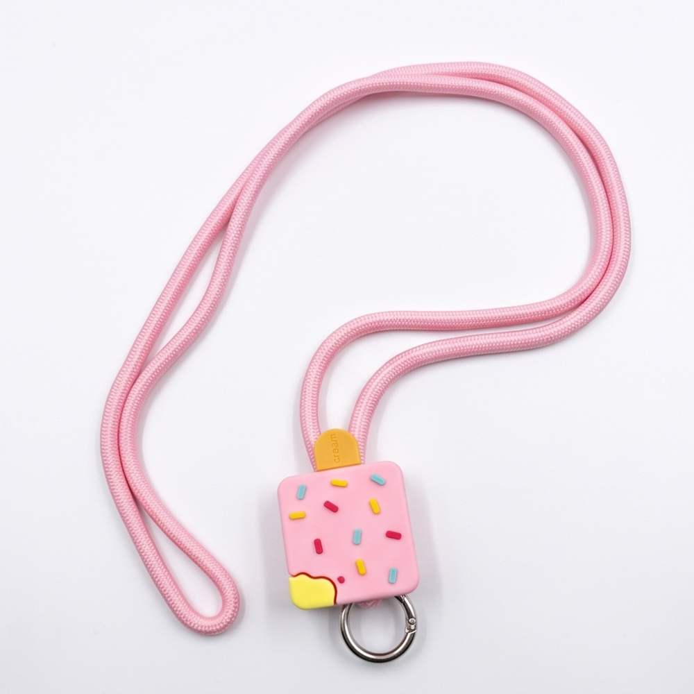 Anti-drop phone lanyard with pink ice cream popsicle grip charm and adjustable wrist strap