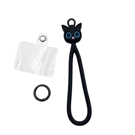 Black silicone cat-shaped wrist strap keychain with a clear plastic pouch and a black metal key ring on a white background.