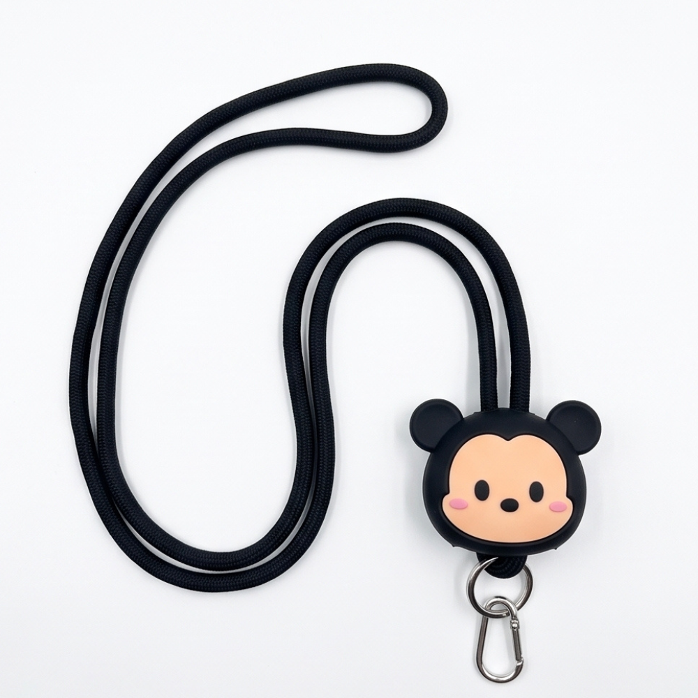 Anti-drop phone lanyard with cute mouse cartoon charm and carabiner clip attachment