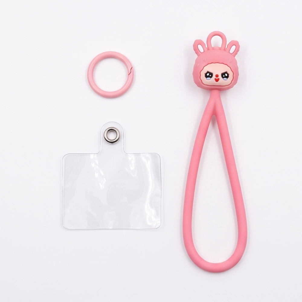 Pink bunny anti-drop phone lanyard with adjustable wrist strap, ring, and card pad