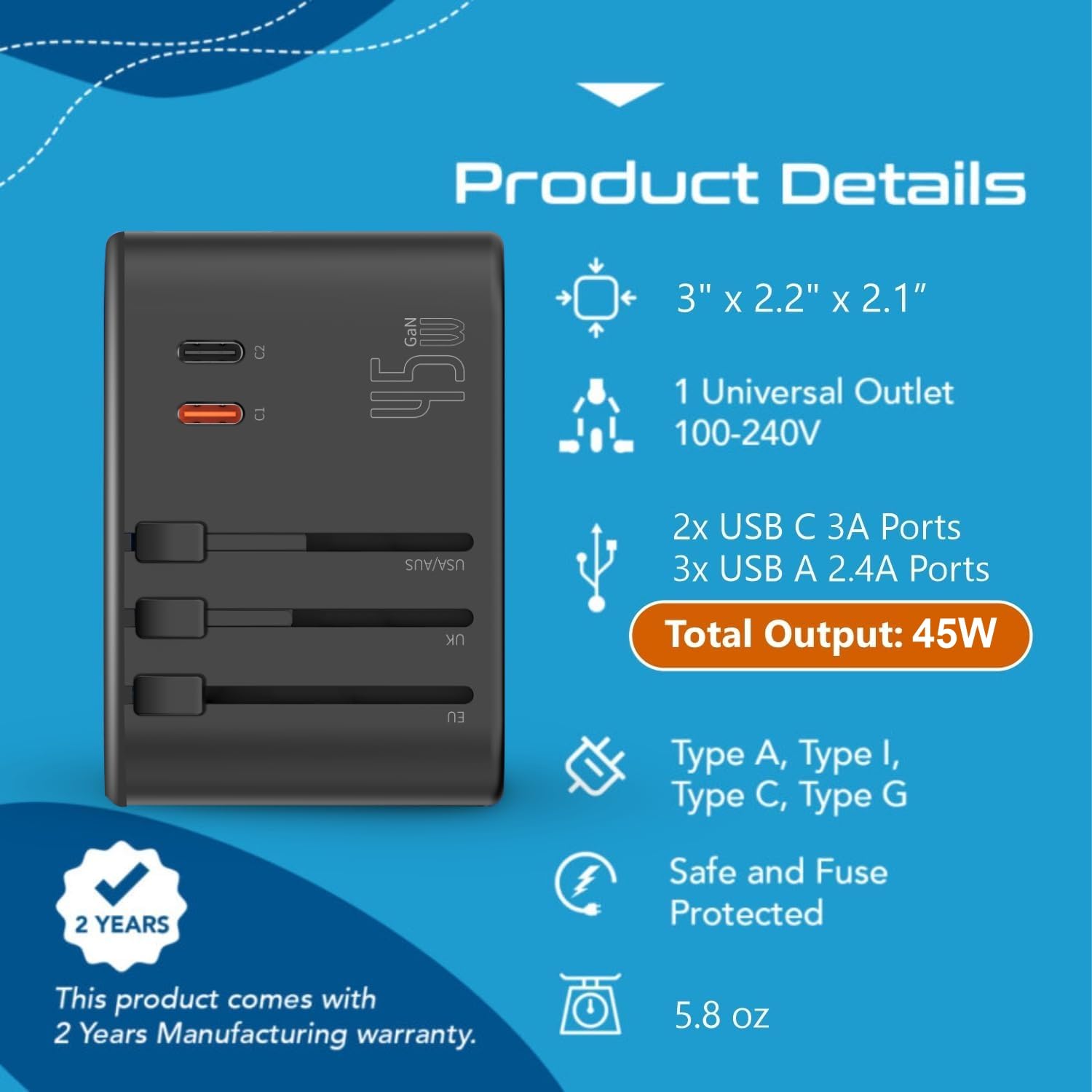 45W GaN travel adapter specifications with 2 USB C ports 3 USB A ports and universal 100-240V outlet