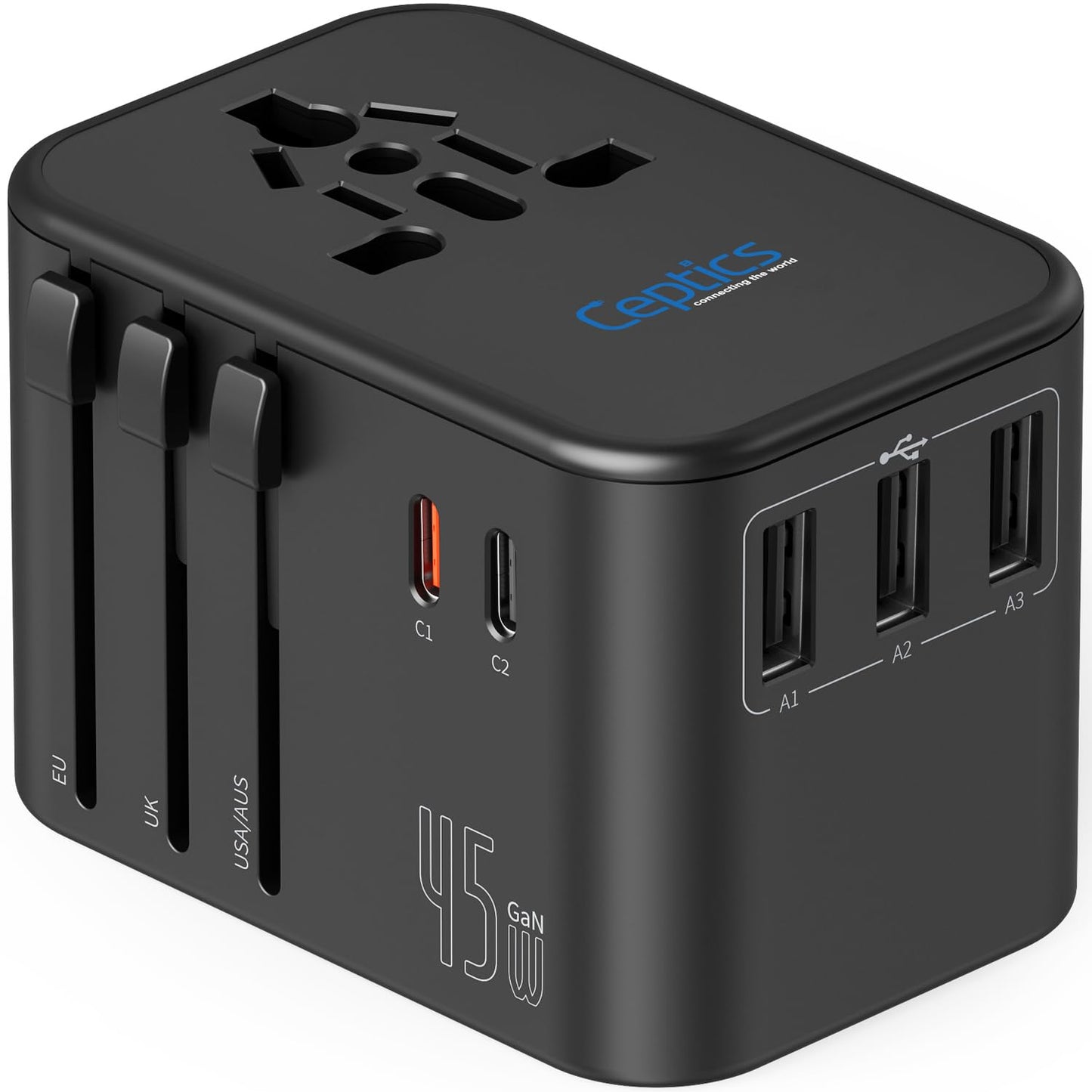 45W GaN universal travel adapter with EU UK USA AUS sliders and dual USB C triple USB A ports