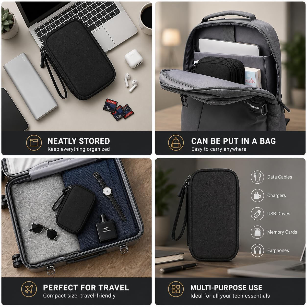 Black electronics organizer case for cables, chargers, and USB drives - neatly stored on desk, fits in backpack, packs in suitcase for travel