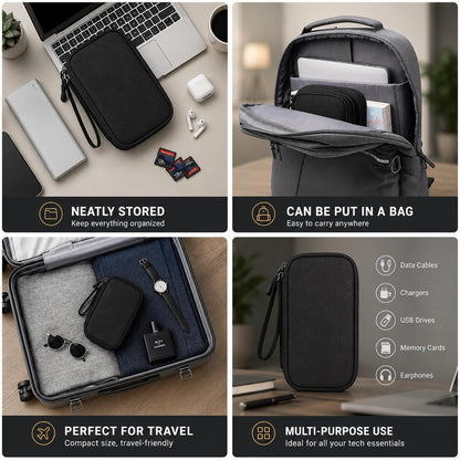 Black electronics organizer case for cables, chargers, and USB drives - neatly stored on desk, fits in backpack, packs in suitcase for travel
