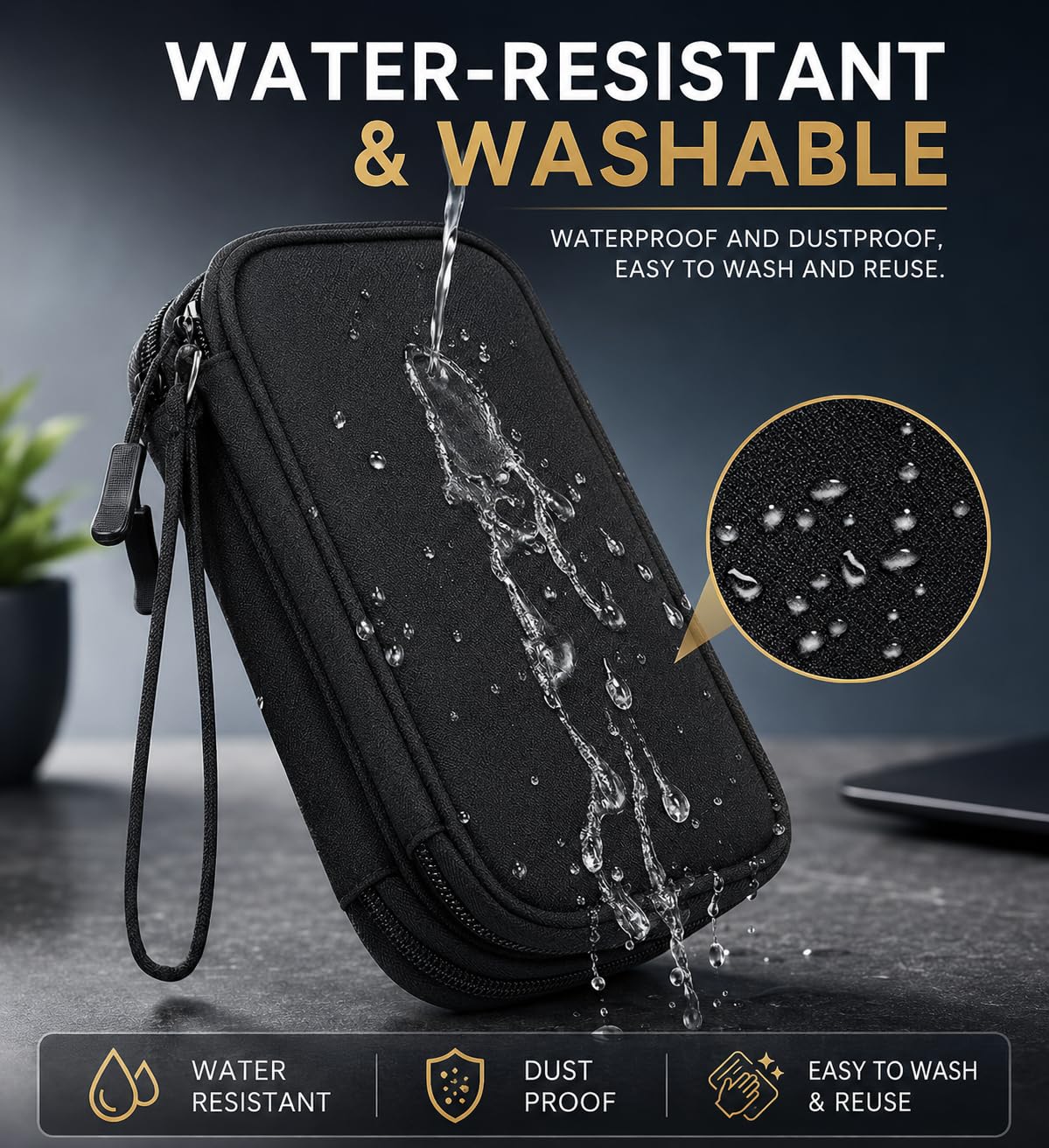 Water-resistant and washable electronics organizer case, waterproof and dustproof black travel pouch