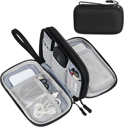 Black electronics travel case open showing organized mesh pockets for USB cables, power bank, and accessories, with zippered closed view