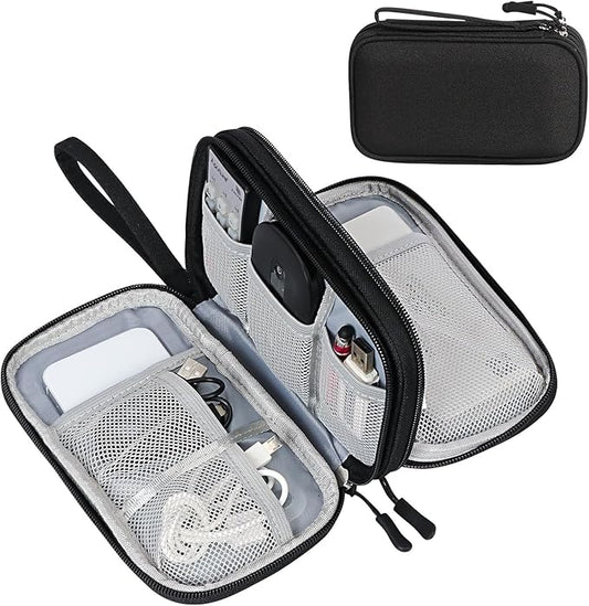Black electronics travel case open showing organized mesh pockets for USB cables, power bank, and accessories, with zippered closed view