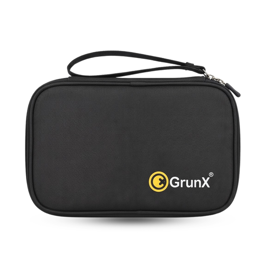 A black textured zippered carrying case with a wrist strap and a yellow and white GrunX logo on the front, shown against a plain white background.