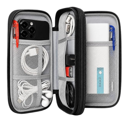 A black and gray zippered phone accessory organizer case shown open, filled with a smartphone, earbuds, charging cables, a power bank, and pens, on a plain white background.