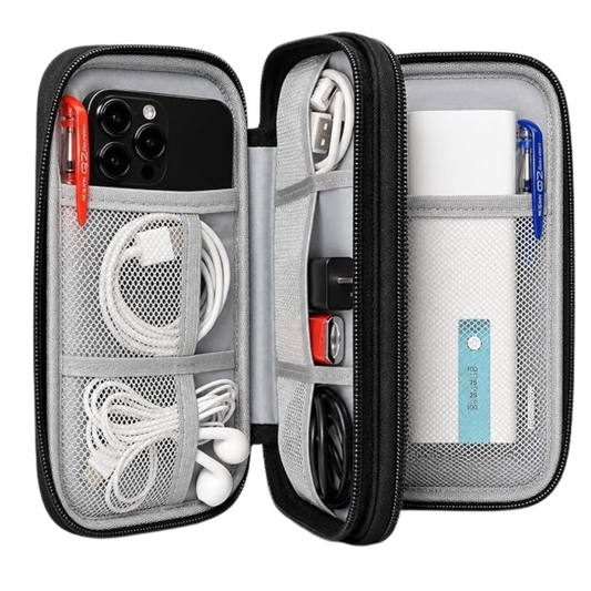 A black and gray zippered phone accessory organizer case shown open, filled with a smartphone, earbuds, charging cables, a power bank, and pens, on a plain white background.