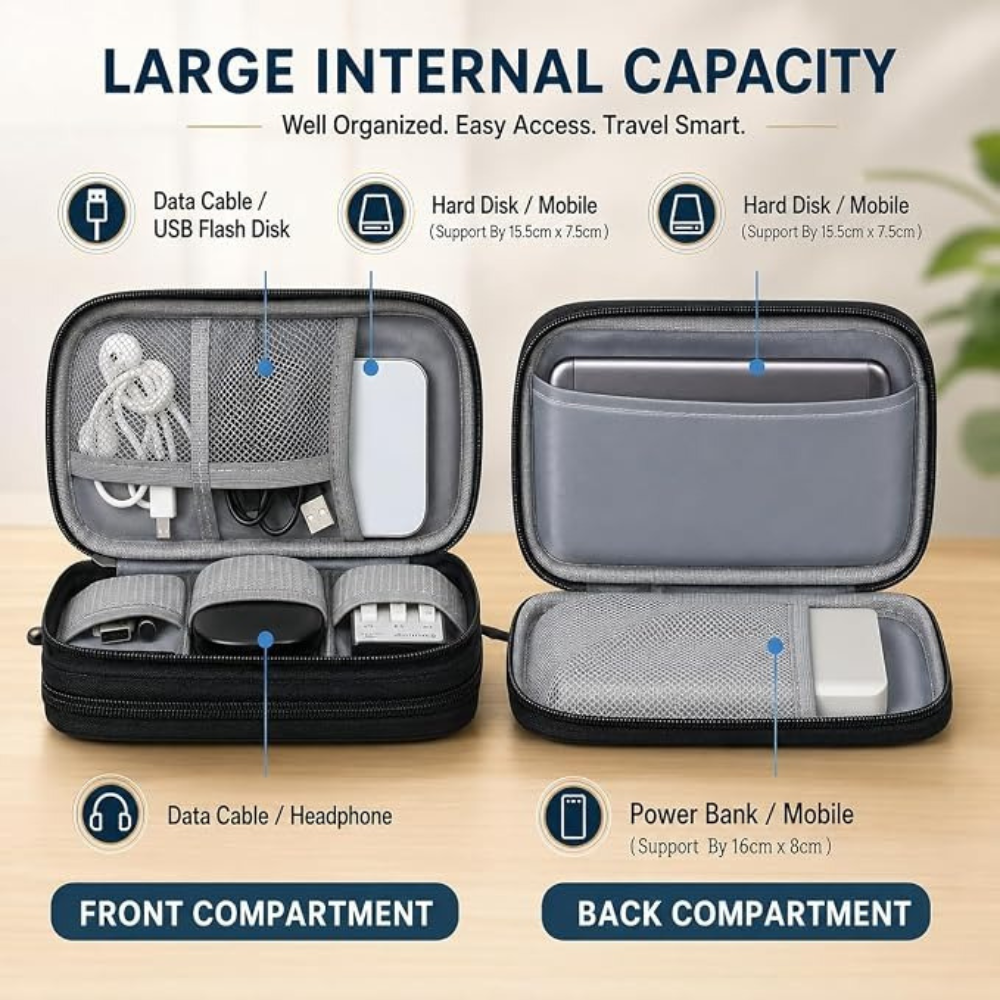 A black and gray zippered travel organizer case shown open from both front and back compartments, with labeled callouts for data cable/USB flash disk, hard disk/mobile, headphones, power bank/mobile, and internal capacity. The image is a clean product infographic on a light wood surface with a soft blurred background.