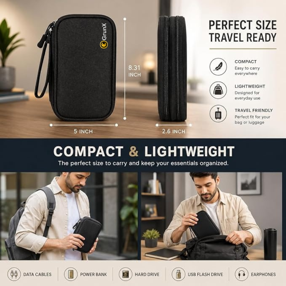 A black zippered travel organizer pouch shown in a composite marketing graphic with dimensions labeled 5 x 2.6 x 8.