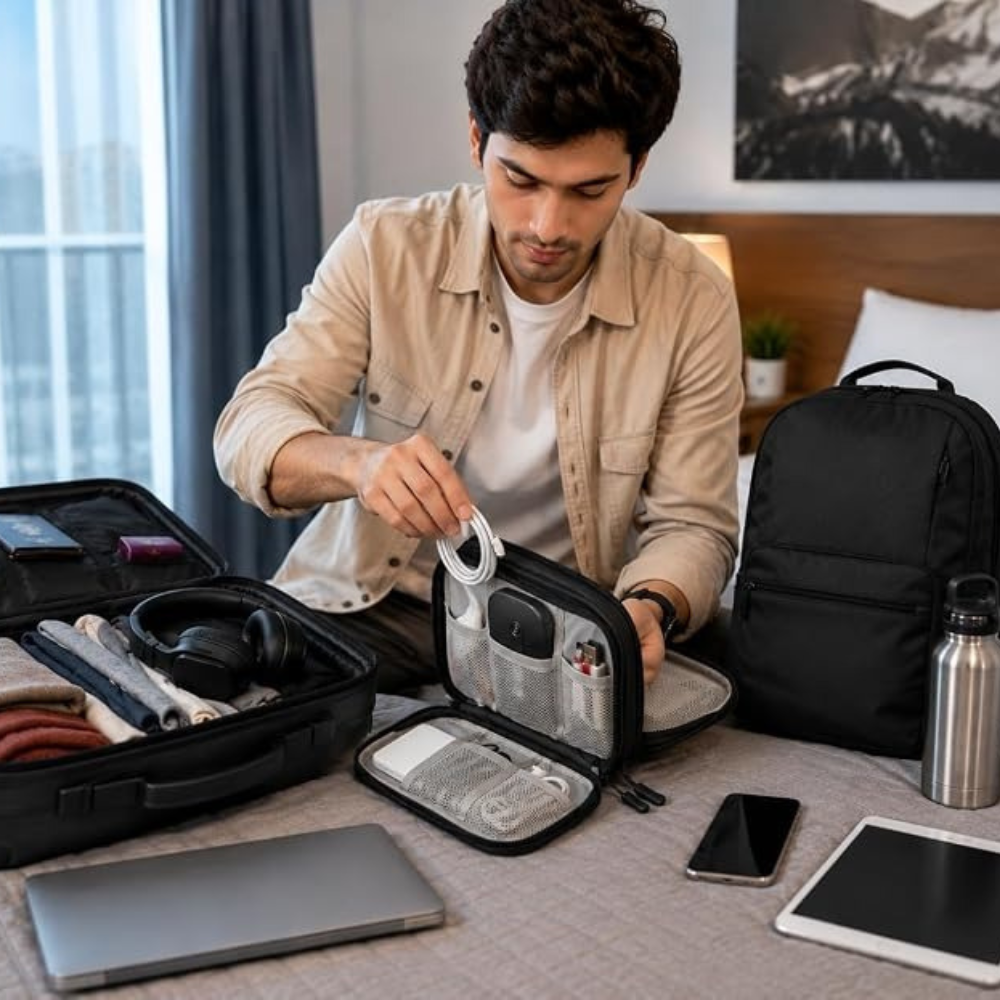A man unpacking a black travel organizer bag and suitcase on a bed, surrounded by a laptop, tablet, phone, water bottle, and a black backpack.