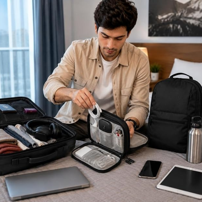 A man unpacking a black travel organizer bag and suitcase on a bed, surrounded by a laptop, tablet, phone, water bottle, and a black backpack.