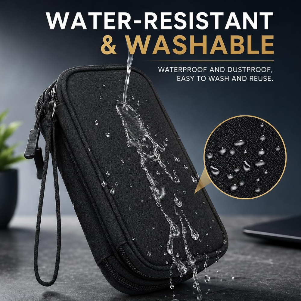 A black zippered waterproof pouch with a wrist strap, shown with water being poured over it to demonstrate water resistance. The image includes text reading 'WATER-RESISTANT & WASHABLE' and a circular inset showing water droplets on the fabric.