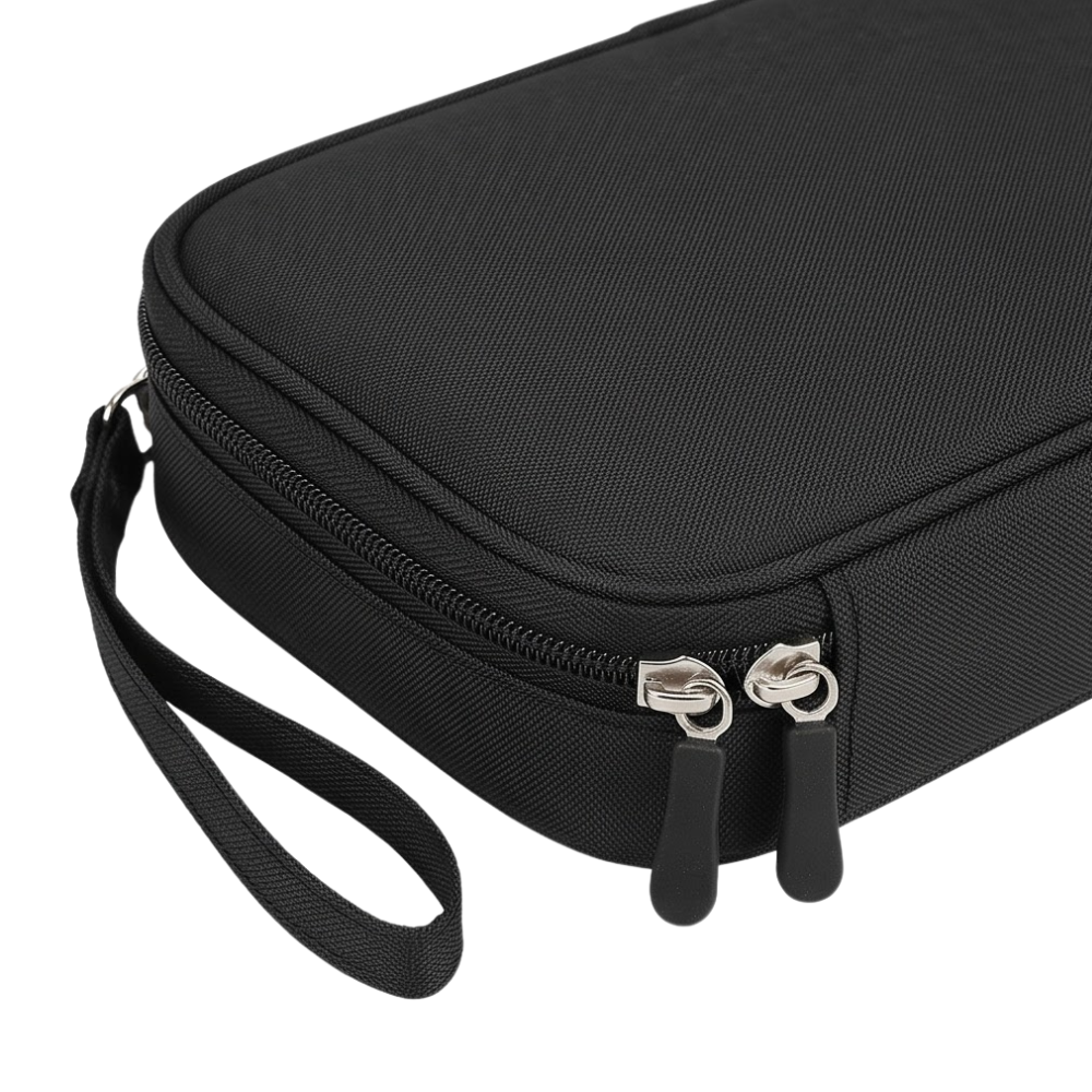 A black textured zippered travel or instrument case with dual zipper pulls and a matching wrist strap, shown on a plain white background.