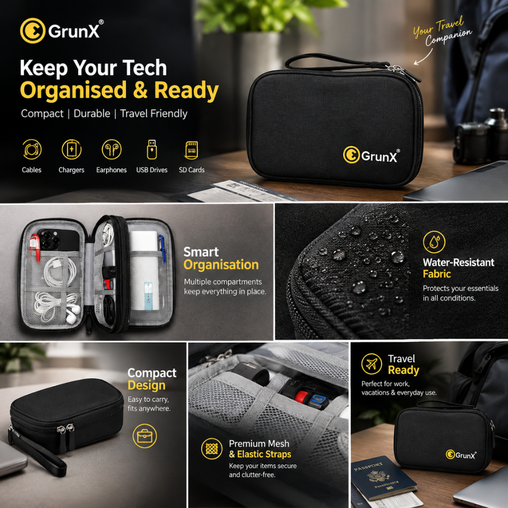 A multi-panel promotional graphic for a black GrunX travel organizer case. The collage shows the closed case, the case open with organized compartments, close-up of water-resistant fabric with droplets, and the case packed with cables, chargers, earphones, and USB drives.