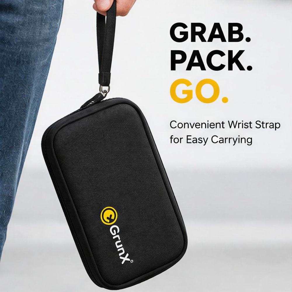 A person holds a black zippered carrying case with a wrist strap. The case has a yellow Grunt logo and is shown against a light gray background with promotional text reading 'GRAB.