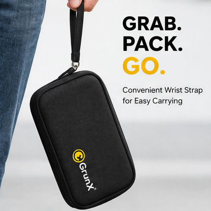 A person holds a black zippered carrying case with a wrist strap. The case has a yellow Grunt logo and is shown against a light gray background with promotional text reading 'GRAB.