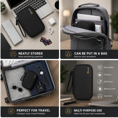 A four-panel collage showing a black tech accessory pouch in different use cases: on a desk with a laptop, inside a backpack, inside a suitcase, and standalone with feature icons. Text highlights features like neat storage, carry-anywhere use, travel-friendly size, and multi-purpose use.