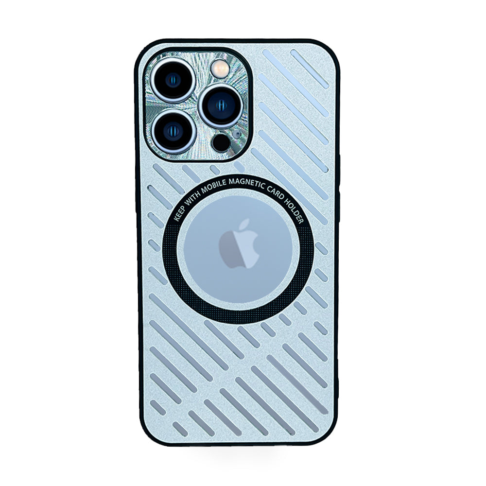 GRUNX Ozone silver hollow metal iPhone case with MagSafe compatibility on Indian professional desk setup