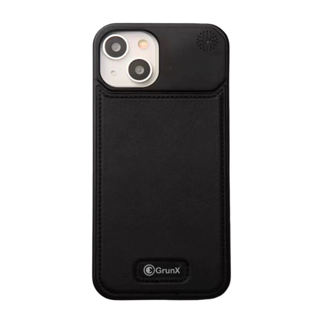 GRUNX Will Smith aluminium leather iPhone metal case black slim profile on clean Indian professional desk setup