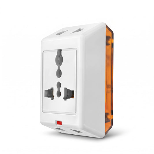 A white multi-socket wall power adapter with a translucent amber side panel and a small red switch, shown on a clean white background.