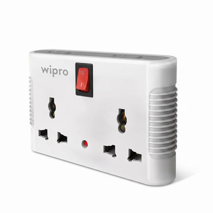 A white Wipro 3-way UK three-pin power adapter with a red rocker switch, shown on a clean white background.