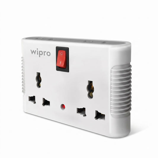 A white Wipro 3-way UK three-pin power adapter with a red rocker switch, shown on a clean white background.
