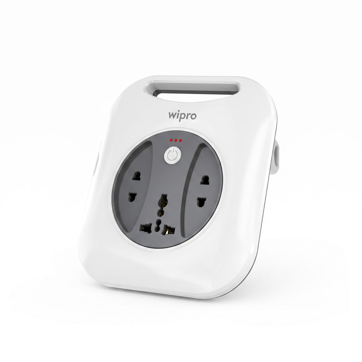 A white Wipro brand power strip with a dark gray circular faceplate, featuring multiple international outlet sockets and a top handle, shown on a clean white background.