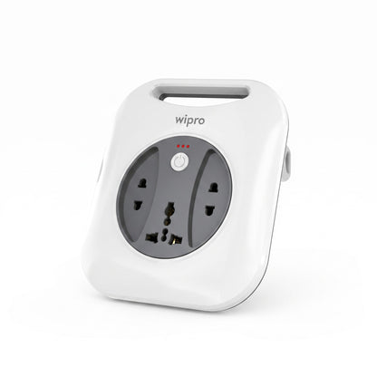 A white Wipro brand power strip with a dark gray circular faceplate, featuring multiple international outlet sockets and a top handle, shown on a clean white background.