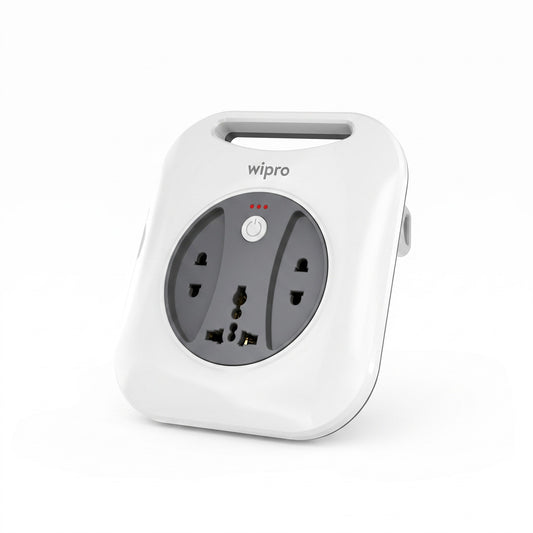 A white Wipro brand power strip with a dark gray circular faceplate, featuring multiple international outlet sockets and a top handle, shown on a clean white background.