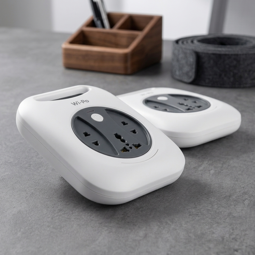 Wipro Flex Box extension cord with universal sockets placed on grey desk surface alongside wooden organizer